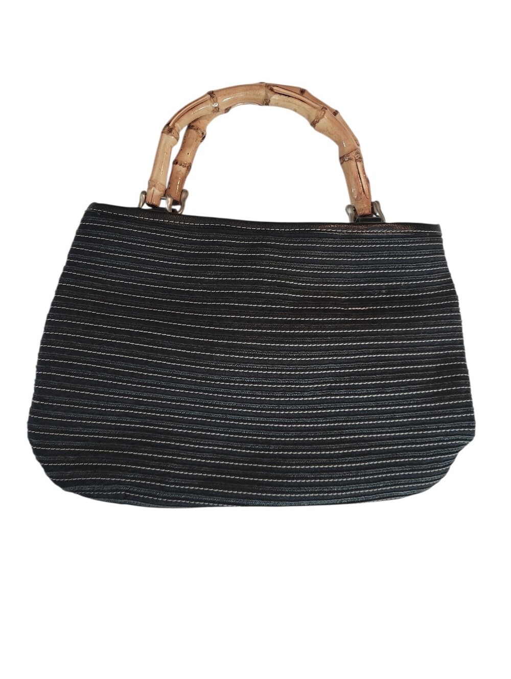 Vintage Liz Claiborne black Woven white Striped purse with Bamboo top Handles